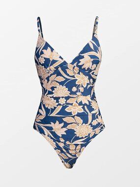 ✨ Cupshe Women's Navy Paisley V Neck Tummy Control One Piece Swimsuit Small NWT